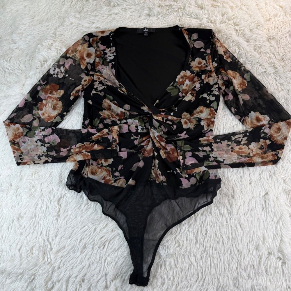 Lulus Sheer Me Out Black Floral Sheer Mesh Long‎ Sleeve Bodysuit XL Whimsygoth